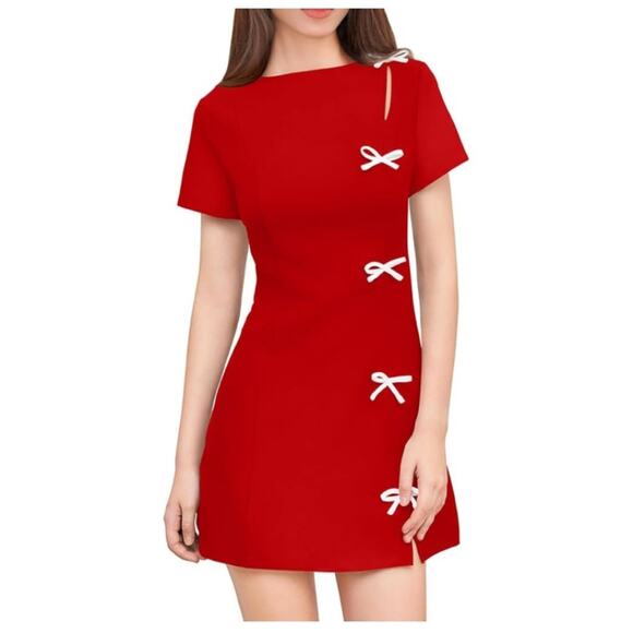 Red Mini Dress with White Bow Accents Size Small - Picture 9 of 9